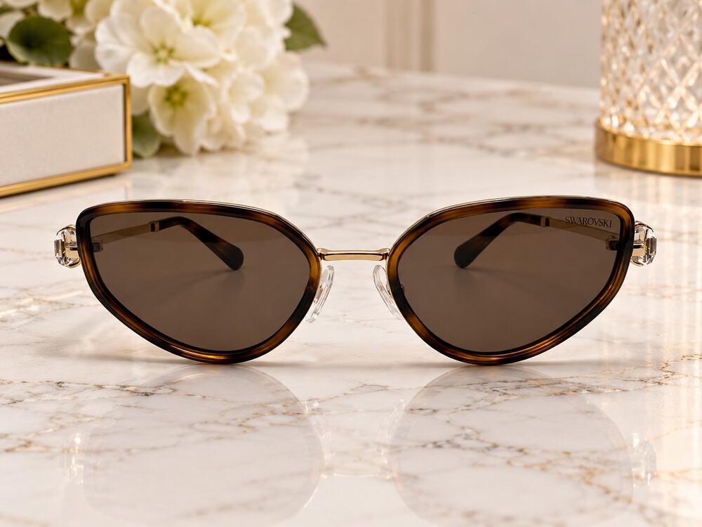 Swarovski Women's Cat Eye Sunglasses Tortoise Brown Lenses Gold Tone Crystal